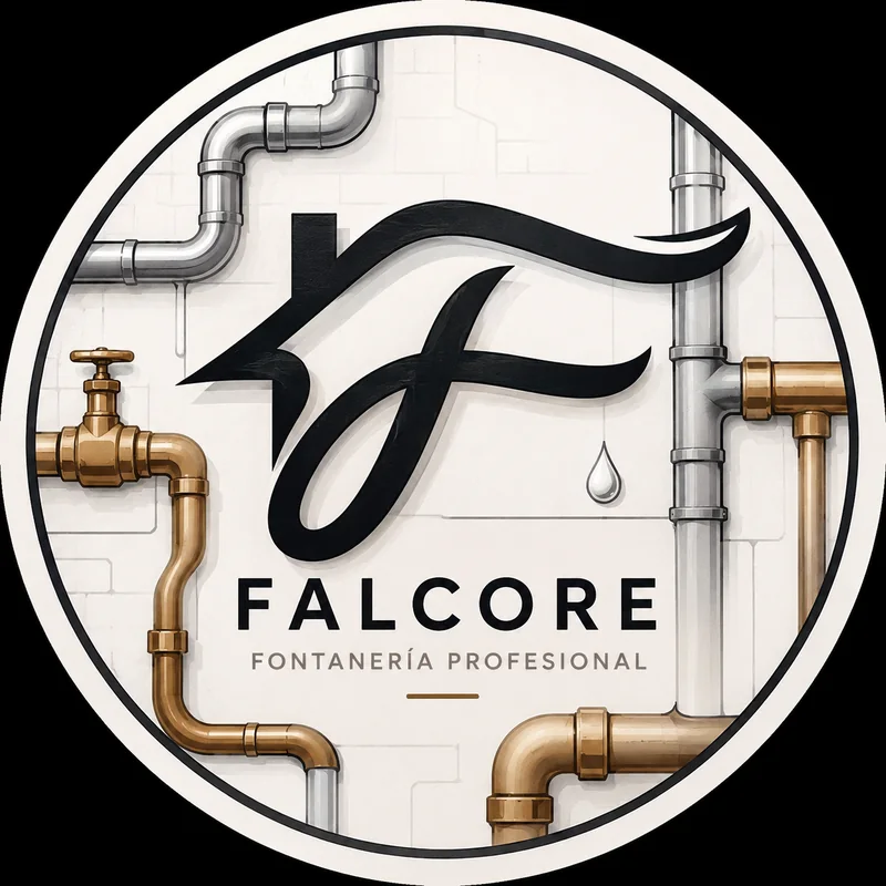 Sello de FALCORE: la F con forma de casa, tuberías de cobre y cromo, y el texto fontanería profesional.