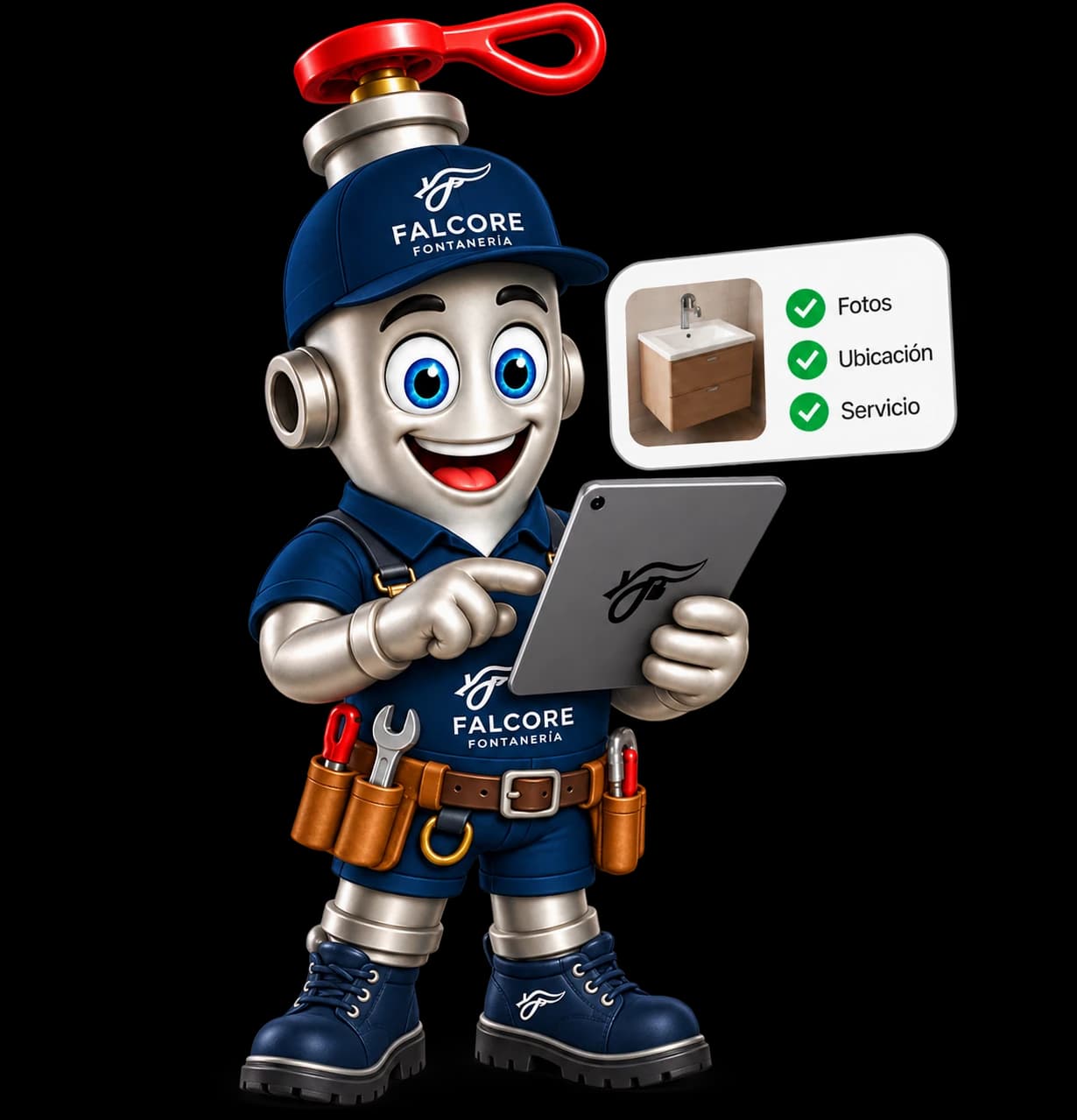 Mascota de FALCORE: un fontanero de tuberías con una tablet, señalando fotos, ubicación y servicio.